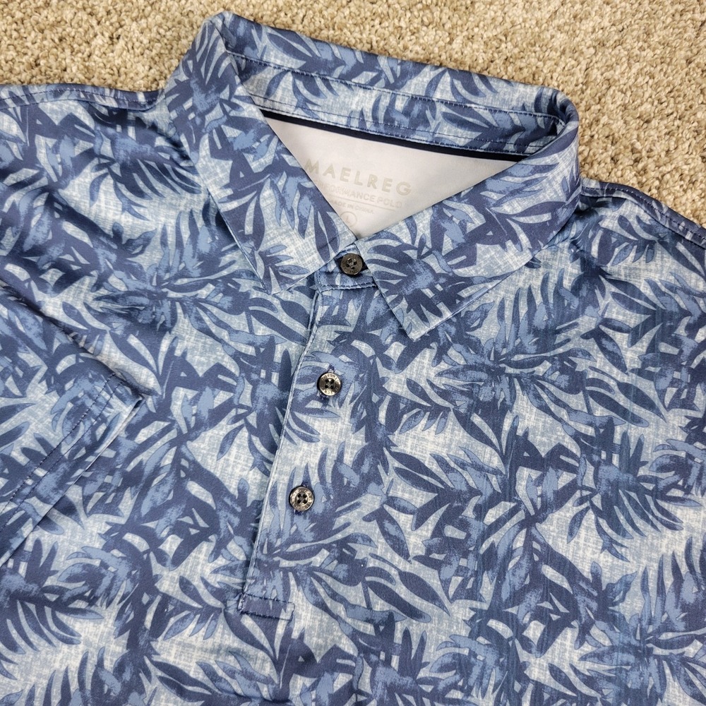 Maelreg Mens Large Blue AOP Floral Performance‎ Stretch Golf Polo Short Sleeve